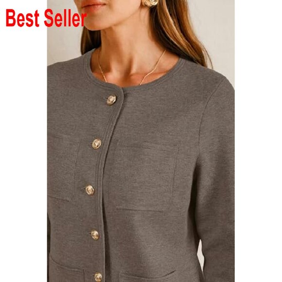 Wool Blend Sweater Blazer Classic Collarless Business Casual Jacket Pockets - Picture 7 of 8